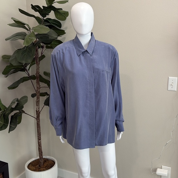 2567 100% Silk Long Sleeve Hidden Button Down Shirt Womens Size 12 Dusty Blue - Picture 6 of 12